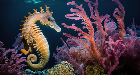 A beautiful seahorse next to elaborate colorful hermatypic marine corals under the sea.